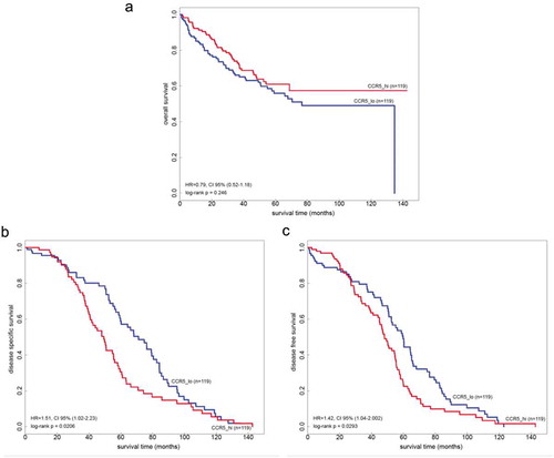 Figure 4. Overall, relapse-free and disease-specific survival in the function of intra-CCR5 gene expression in two independent cohorts of colorectal cancer patients. (a) Overall survival in n = 238 patients from two publically available cohorts (GSE17536 and GSE17537) adjusted for stage clustered according to the median mRNA expression of CCR5 in liver metastases. (b-c) Relapse-free and disease-specific survival in the same cohorts.