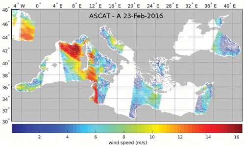 Figure 2. ASCAT-A scatterometer ascending and descending swaths over the Mediterranean Area. Typical spatial coverage pattern for a whole day (2016–02-23).