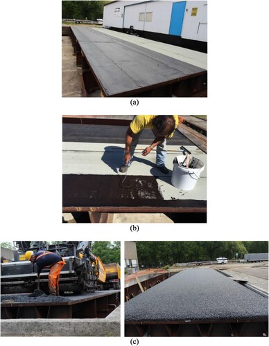 Figure 5. Construction steps of PA surfacing layer; (a) overview of upper membrane layer, (b) application of Primer on the M–A side, and (c) PA layer construction.