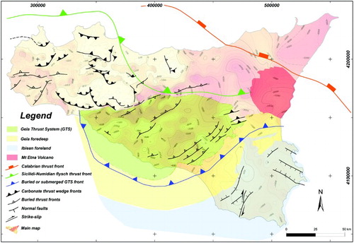 Figure 8. Sketch illustrating the overly of the main regional structures on the map of the reservoir top (based on CitationBigi et al., 1992; CitationCatalano, 2013; CitationCatalano, Agate et al., 2013; CitationCatalano, Valenti et al., 2013).