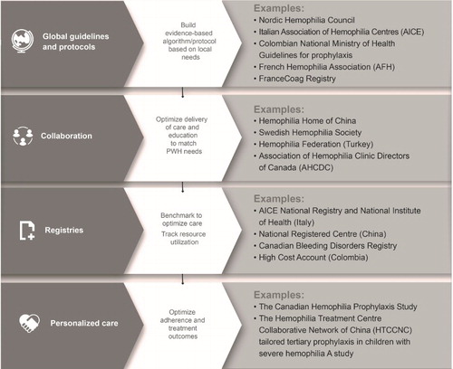 Figure 1. A road map for collaborative care in hemophilia summarizing the SHIELD recommendations, potential outcomes and examples of how resources and best practice can contribute within a themed framework.