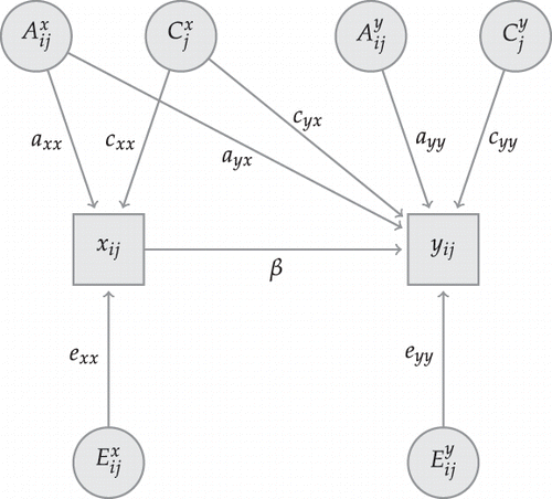 Figure 1. Path-diagram for the economics fixed-effects model for twins.