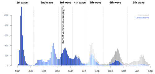 Figure 1 Absolute number of weekly admissions throughout the period. Individuals in the no vaccine group had not received any dose of any type of vaccine against COVID-19. Vertical dotted lines indicate the start/end of each COVID-19 wave in our area.