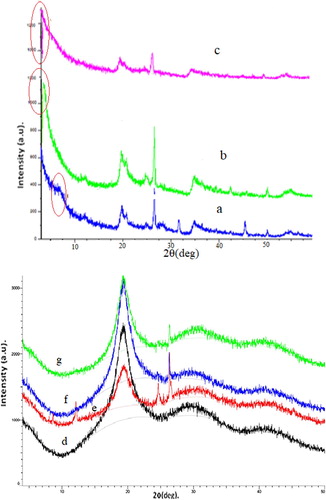 Figure 3. XRD patterns of bentonite and the nanocomposites; (a) NaB, (b) SB1, (c) SB2, (d) PVA, (e) PVA/NaB, (f) PVA/SB1, and (g) PVA/SB2.