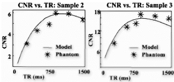 Figure 1. CNR as a function of TR (1.5T) from samples 2 and 3 relative to sample 1 determined experimentally (data points) and theoretically (solid lines).