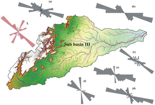 Figure 10. Drainage network of sub-basin I of Palar River with the correspondent rose diagrams of the stream directions of first- (a), second- (b), third- (c), fourth-, fifth-, and sixth-order streams and L is the direction of the lineament in the sub-basin III.