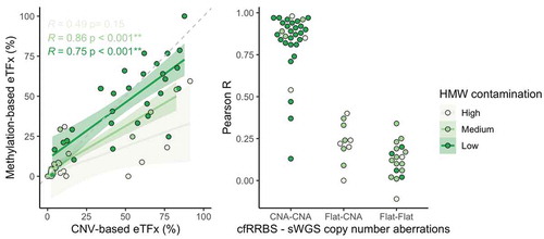 Figure 6. Left: scatterplot of the estimated tumour fraction derived from cf-RRBS data vs. estimated tumour fraction derived from sWGS data. In samples with low to medium HMW contamination, Spearman correlation between methylation and CNA-based tumour fraction estimation is moderate to high (r = 0.75 and 0.86, respectively). Solid line equals the linear regression fit. Dashed line equals x = y. Right: if CNAs are present in both cf-RRBS and sWGS data, Pearson correlation between both methods is high. ‘Flat’ indicates copy neutral (i.e. no gains or losses) samples. eTFx, estimated tumour fraction; CNV, copy number variations; CNA, copy number aberrations, HMW contamination, high-molecular-weight DNA contamination; ** = p < 0.001