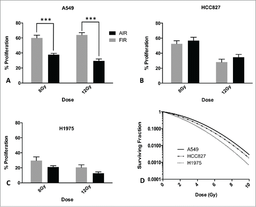 Figure 1. Proliferation and clonogenic surival of NSCLC cells treated with AIR or FIR. (A-C) MTT proliferation assay 5 d after exposure of cells to AIR and FIR of 8Gy and 12Gy. Data is normalized to respective untreated controls. Error bars represent SEM of 3 independent experiments. (D) Clonogenic cell survival of NSCLC cells exposed to doses of 2Gy-10Gy. Data was fitted using the linear-quadratic model (α/β = 10).