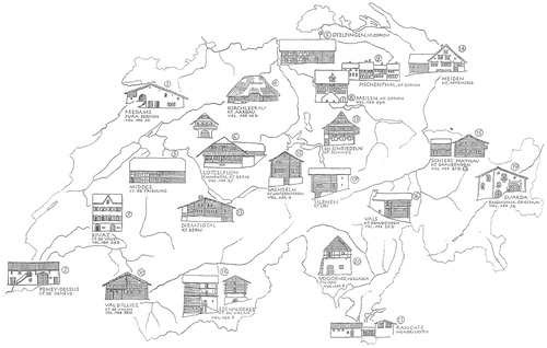 Figure 3 Map from the 1950s showing the regional varieties of farmhouse in Switzerland. Number 4 is the only one with a steeply pitched thatched roof; from Richard Weiss, Häuser und Landschaften der Schweiz (Erlenbach-Zurich: Eugen Rentsch, 1959), pls I–II. Reproduced with permission of the artist Hans Egli.