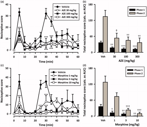 Figure 4. Dose–response effects of AZE (30–300 mg/kg, p.o.) (a, b) and morphine (1–10 mg/kg, i.p.) (c, d) on formalin-induced nocifensive behaviours in rats. Left panels show the time course of effects over the 60 min period and the right panels show the total nociceptive score calculated from AUCs over the first (0-10 min) and second (10–60 min) phases. Nociceptive scores are shown in 5 min time blocks up to 60 min post-formalin injection. Values are means ± S.E.M. (n = 5). *p < 0.05; ***p < 0.001 compared to vehicle-treated group (Two-way ANOVA followed by Tukey’s multiple comparison test). †p < 0.05; ††p < 0.01; †††p < 0.001 compared to vehicle-treated group (One-way ANOVA followed by Tukey’s multiple comparison test).