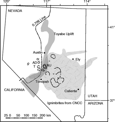 Figure 14 Western edge of the Precambrian basement corresponding to the ISr = 0.706 line (modified from Wooden et al. Citation1998) and ‘possible distribution of Toyabe uplift zone’ (darker grey) of (Speed et al. Citation1988, Figure 22-11). Calderas embedded eccentrically in the western part of the maximum distribution of outflow sheets from Figure 13. Calderas west of the Toquima Range from John (Citation1992) include Arc Dome (AD, 25 Ma) and Toiyabe (T, 22 Ma). Mt Jefferson caldera (MJ, 27 Ma) in the Toquima caldera complex from Henry et al. (Citation1996).
