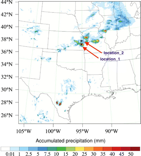 Figure 5. 1-h accumulated precipitation from WRF non-linear model valid at 0100 UTC 9 June 2010. Two black marks denote precipitation location for single observation tests. Location_1 (37.95N, 95.13W) is for experiment SOBS1 and SOBS2. Location_2 (38.5N, 95.13W) is for experiment SOBS3. Model precipitation at location_1 and location_2 is about 56 mm and 3.18 mm, respectively.