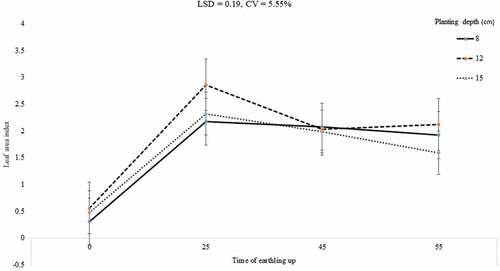 Figure 6. Interaction effects of depth of planting and time of earthing-up on leaf area index.