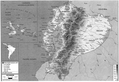 Figure 1. Map of Ecuador with provincial boundaries and principal cities. The Andean highlands run down the center of the country. On each side of the cordillera is a band of cloud forest, one in the west and one in the east. The cloud forest bands typically range from 500 m to 1750 m in elevation. The central highlands are all above 1750 m with a central plateau or inter-Andean valley. Volcanic peaks in semi-isolated islands of páramo occur on both the eastern and western margins of the highlands. To the east, Ecuador contains a large area of Amazonian rainforest below 500 m in elevation. Some of this remains pristine but it is increasing dissected by small towns, agriculture and oil exploitation. The Galápagos Islands are an isolated archipelago about 1000 km to the west of the mainland