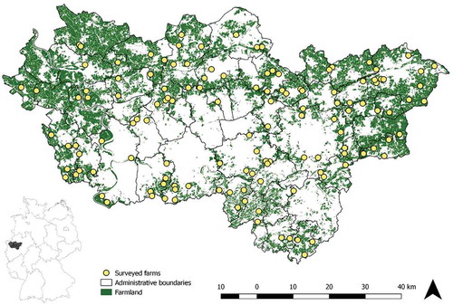 Figure 2. Map of the Ruhr metropolitan area and the location of farms with available geo data.