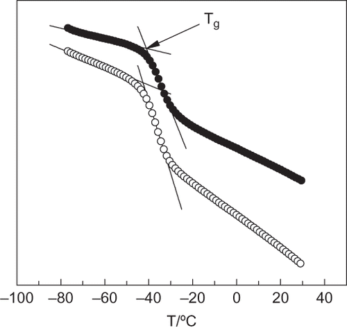 Figure 1 Glass transition temperature determination using Differential Scanning Calorimetry (DSC) for Galician honeys. (○) Honey C. (•) Honey D.