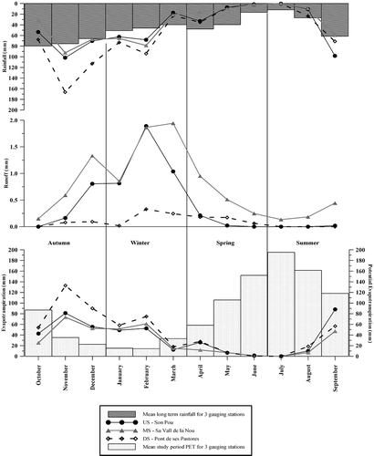 Fig. 2 Simple water balance: mean monthly P, R and ET during the study period (2004–2006) at each gauging station. Histograms show P distribution for the long-term period (1970–2006) (top) and the reference ET for the study period (bottom).