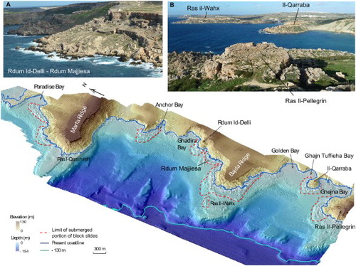 Figure 8. 3D view of the north-western coast Malta affected by landslides prolonging on the seafloor (modified after Soldati et al., in press): (A) southern side of Rdum Id-Delli and Rdum Majjiesa block slides; (B) view of Ras Il-Wahx and Il-Qarraba block slides from Ras Il-Pellegrin promontory.