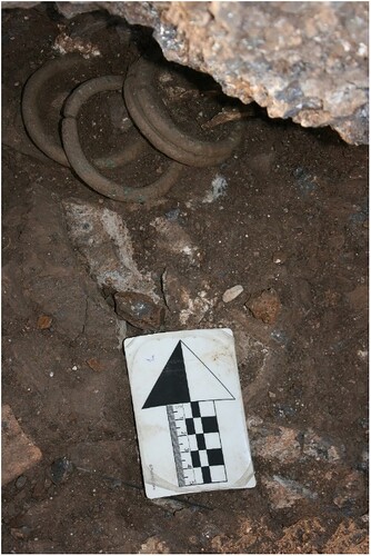 Figure 6. Anklets underneath the rock ledge on the western end of Burial D/F3. Note the small fragments of lower leg bone inside the anklets.