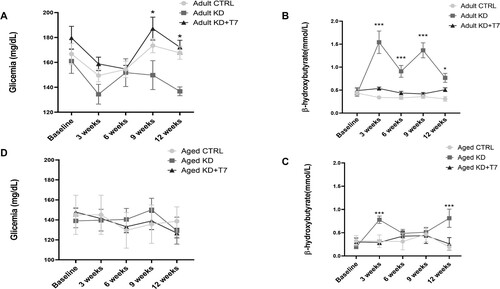 Figure 2. Glycemia (A and D) and β-hydroxybutyrate (B and C) levels. Samples from the tail vein were obtained at baseline and every three weeks for 12 weeks at the same time of the day. Each dot represents the group mean (n = 8–12 per group). *p < 0.05 KD×KD+T7; ***p < 0.001 KD×CTRL.