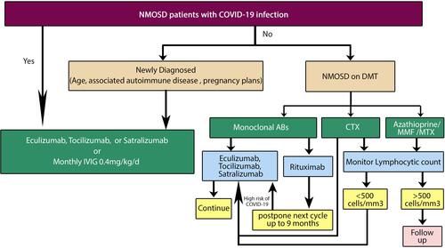 Figure 2 Algorithm for initiation and maintenance of DMTs in NMOSD patients during the COVID-19 pandemic.Abbreviations: ABs, antibodies; COVID-19, coronavirus disease 2019; CTX, cyclophosphamide; DMT, disease modifying therapy; IVIG, intravenous immunoglobulins; MMF, mycophenolate mofetil; MTX, methotrexate; NMOSD, neuromyelitis optica spectrum disorder.