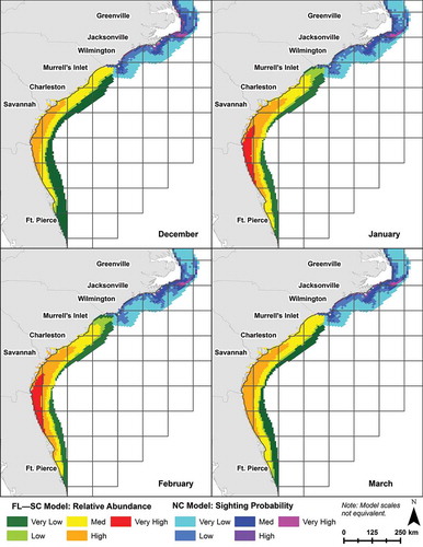 Figure 3. Predicted distributions of right whales based on modeled habitat from right whale sightings for Florida–South Carolina and North Carolina. The grid cells are those used by the National Marine Fisheries Service commercial logbook program.