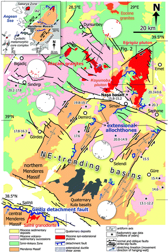 Figure 1. Generalised geological map of western Turkey, including major rock units and structural elements. The inset shows the simplified tectonic map of the Aegean region including major tectonic units of western Turkey. Structural elements were adopted from Yılmaz et al. (Citation2000), Erkül et al. (Citation2005), Çemen, Catlos, Göğüş, and Özerdem (Citation2006), Thomson and Ring (Citation2006), Ersoy et al. (Citation2010), Öner and Dilek (Citation2011), Karaoğlu and Helvacı (Citation2012), Ersoy, Çemen, Helvacı, and Billor (Citation2014) and our own data. Compiled age data of volcanic units are from Ersoy et al. (Citation2014). Lower hemisphere equal-area stereographic projections of lineation patterns measured from footwall rocks of the Menderes Massif (black circle) and mylonitic rocks in the syn-extensional plutons (red square). İBTZ: İzmir-Balıkesir transfer zone. UMTZ: Uşak-Muğla transfer zone.