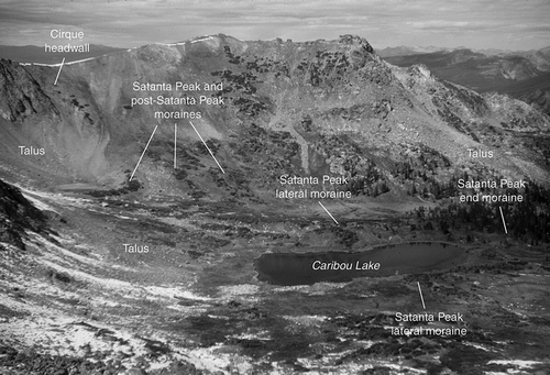 FIGURE 4.  View of Caribou Lake cirque from near Arapaho Pass, showing Satanta Peak and younger moraines, some with tree islands. Photograph by D. R. Muhs