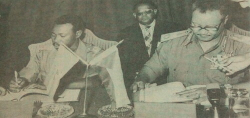 Figure 4. Mengistu and Nimeiri signing a joint communiqué in Khartoum. Source: Addis Zemen, Newspaper, Genbot 21 and 29/1972.