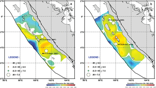Figure 5. The result of DC was from 1963 to 2006 (a) and from 1963 to August 2009 (b) in southern Sumatra. Both results show that relatively high DC (positive δDC) characterises the area around M8.5 and M7.9 of the September 12, 2007 events and the M7.6 on September 30, 2009, and M7.8 on October 25, 2010.