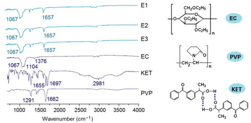 Figure 7. FTIR spectra of the starting raw components and their different kinds of EHDA products E1, E2, and E3, and the molecular formula of EC, PVP, and KET.