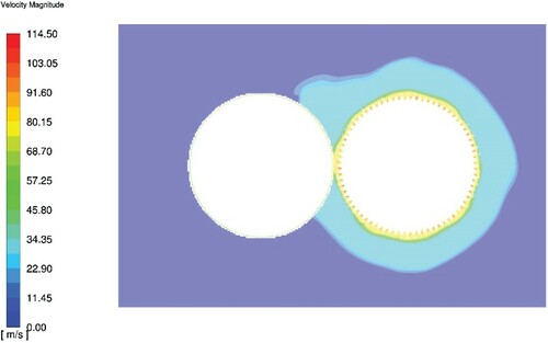 Figure 11. Velocity contour of the spur gear 1 and the disk at 6000 r/min, center distance 310 mm.