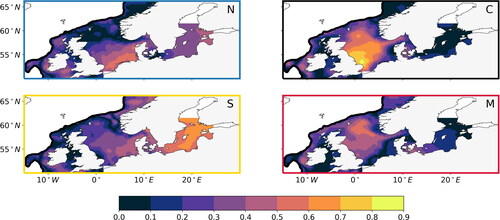 Fig. 5. Standardised maps of the composite of the daily sea level anomaly for each jet cluster: (N) Northern jet cluster, (C) Central jet cluster, (S) Southern jet cluster, (M) Mixed jet cluster. To standardise the maps in Fig. 4, we divide them by the standard deviation of the daily sea level anomaly over the 21-winter record. The grid points over the open ocean are masked and the continental shelf is delimited by the thick black line (the 500 m isobath).