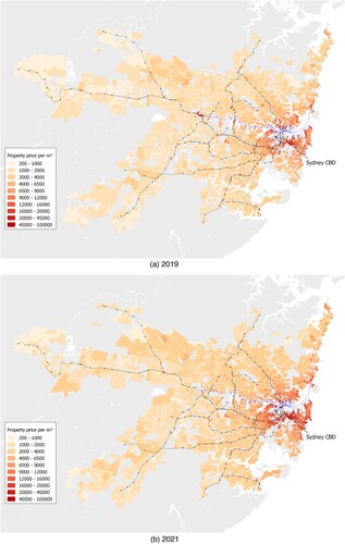 Figure 3. Maps showing SA1-level median residential property prices in the Sydney UCL in 2019 and 2021, both in 2019 dollars.