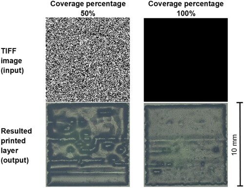 Figure 13. TIFF image input and resulted printed squared pattern (size 10 mm × 10 mm, 1 layer) with 50% and 100% coverage percentages printed with a resolution of 360 dpi.
