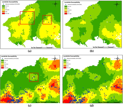 Figure 13. Detailed views of landslide susceptibility maps overlaid with historical landslides (2018–2020). (a) And (c) are generated using screened seven features, and (b) (d) are generated using unscreened 12 features.