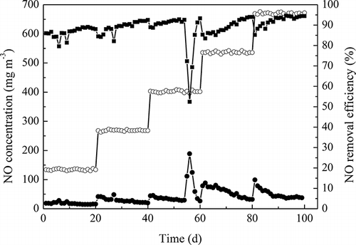 Figure 7. The total performance of the biotrickling filter for NO removal with different NO loading (T = 50 °C, O2 concentration was around 8%, inlet gas was 1 L min−1, the trickling rate was 200 mL min−1, EBRT was 115 sec). ○, inlet gas concentration; •, outlet gas concentration; ▪, NO removal efﬁciency.