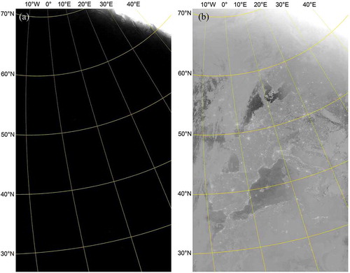 Figure 1. Examples of DNB imagery using (a) a simple linear and (b) a simple logarithmic scaling for a half moon scene over Europe and North Africa collected on 25 August 2016 from 01:26:08Z to 01:38:54Z. Grid lines show the latitudes/longitudes (yellow).