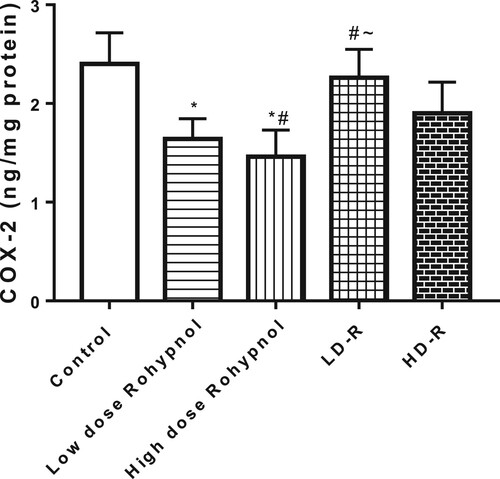 Figure 3. Effect of Rohypnol on gastric levels of cyclo-oxygenase-2 (COX-2). Values are presented as mean ± SD. *P < .05 vs control; #P < .05 vs low-dose; ∼P < .05 vs high-dose.
