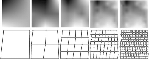 Figure 4. Several iterations of the registration algorithm showing the evolving PBM lattice and the resulting depth map image. [Color version available online]