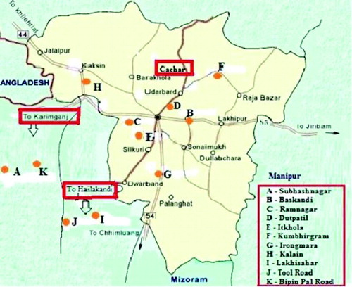 Figure 1.  Map of Southern Assam, India. The eleven collection sites are indicated.