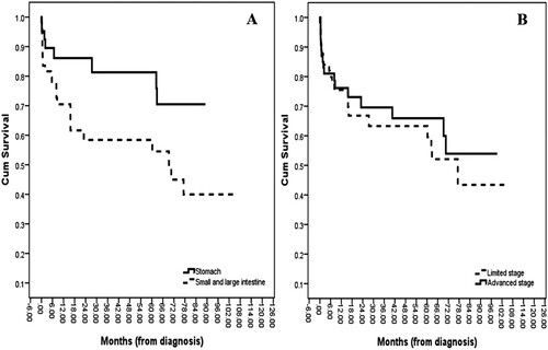 Figure 3. Overall survival curves according to (A) sites of lymphoma involvement (P-value = 0.036); (B) Staging groups (P-value = 0.528).