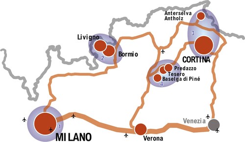 Figure 1. The four Olympic clusters of the Milan-Cortina Winter Games 2026 (map elaborated by Elena Batunova on the basis of the Bidding Dossier).