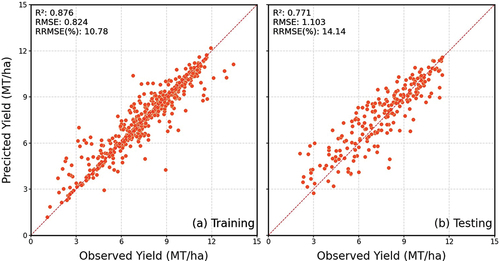 Figure 9. The scatterplots of observed and predicted corn yield of SVR model using in-season data.