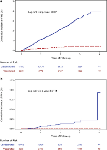 Figure 2. (a) Cumulative incidence estimates of HZ by RZV vaccination status in 2-dose (4 weeks to 6 months apart) RZV cohort. (b) Cumulative incidence estimates of PHN by RZV vaccination status in 2-dose (4 weeks to 6 months apart) RZV cohort.