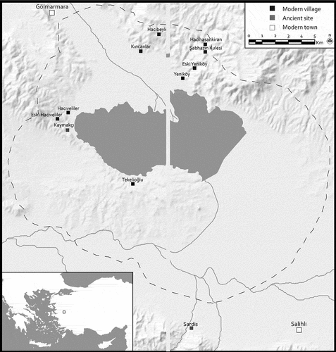 Figure 1. Map of Gediz Valley including locations of Kaymakçı, Eski Hacıveliler, and Tekelioğlu.