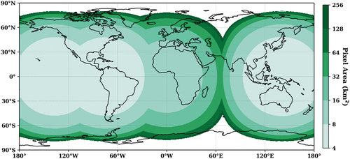 Figure 1. Spatial coverage and pixel area (km2) of the GOES-16, GOES-17, MSG, and Himawari disks. The pixel footprint increases systematically from each sensor’s sub-satellite point. At the time of analysis, the MSG-Indian Ocean Data Coverage (IODC) active fire product was not routinely available from the EUMETSAT LSA SAF (https://landsaf.Ipma.pt/en/) and so it is not included on this figure.