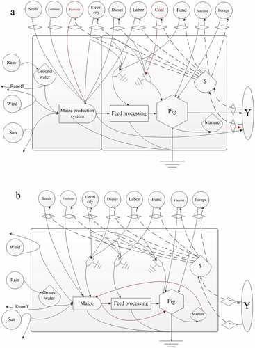 Figure 2. System emergy flow of separated and integrated maize-pig system.