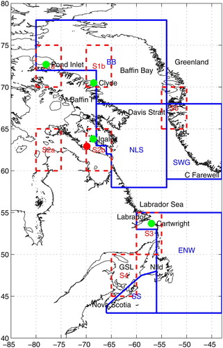 Fig. 1 Map of the northwest Atlantic showing the five sea-ice regions (blue polygons), seven air temperature grid squares (dashed red squares), paleoclimate temperature site (red dot), and communities referred to in the text (green dots); GSL: Gulf of St. Lawrence, Nfld: Newfoundland.