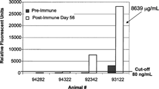 FIG. 11. Bridging Capillary Electrophoresis immunoassay anti-therapeutic antibody (α-tAb1) results from analysis of samples from four monkeys prior to (Pre-Immmune) and 56 days after (Post-Immune) weekly tAb1 hyperimmunization with adjuvant. The Relative Fluorescent Unit value of #93122 was interpolated from an Affi-pure α-tAb1 standard curve and assigned a value of 8639 relative μg/mL.